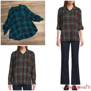 Intro. Plaid Print Long Roll-Tab Sleeve Button Down Swing Shirt
